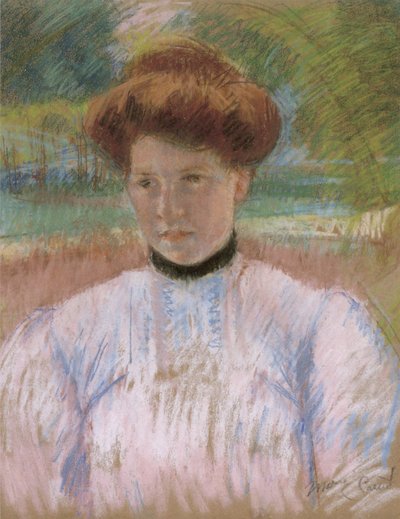 Young Woman with Auburn Hair in a Pink Blouse by Mary Cassatt